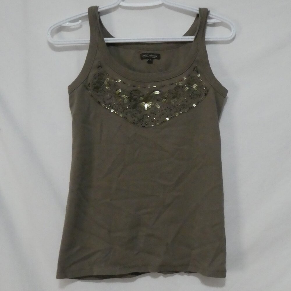 LADY HATHAWAY DESIGN STUDIO | large | Olive Green Embellished Cotton Tank Top